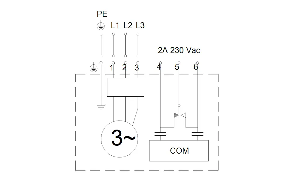 Schaltplan einer Pumpe, gezeigt sind drei Phasen (L1, L2, L3) und Anschlussmöglichkeiten für eine 2A 230V AC Stromversorgung, zu verwenden mit einer Grundfos-Pumpe.